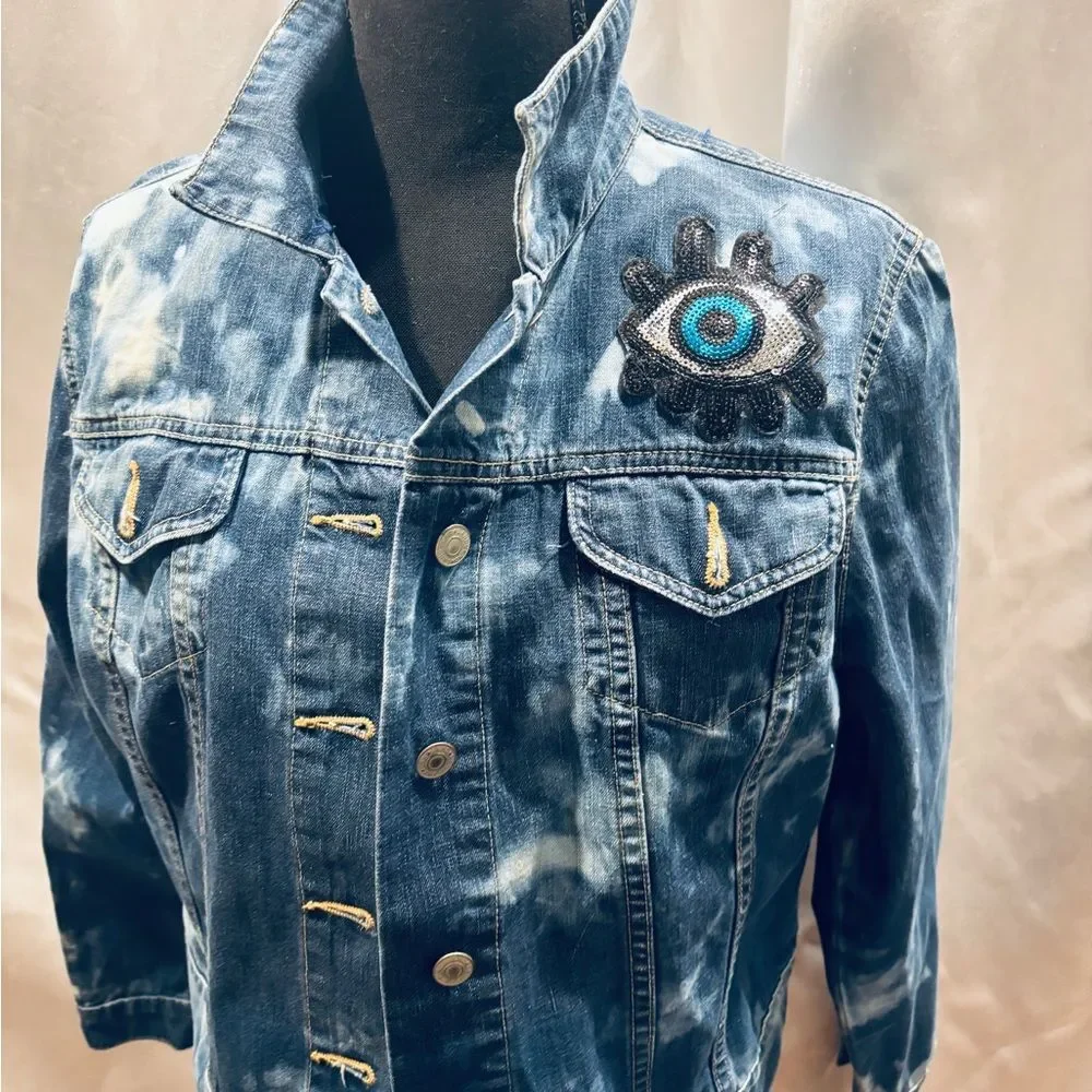 Upcycled reverse dyed Hamosa Hand boho glam Embroidered Jean Jacket L - Picture 2 of 7